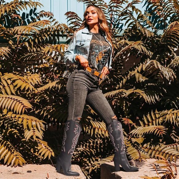 🆕Women Black Knee High Pointed Toe Chunky High Heels Pull-on Embroidered Boots - Picture 5 of 7